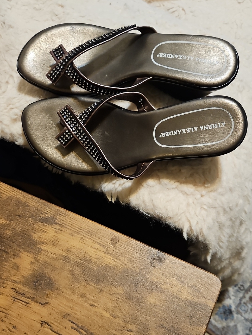 Athena Alexander Bronze Metallic Rhinestone T-Strap Sandals